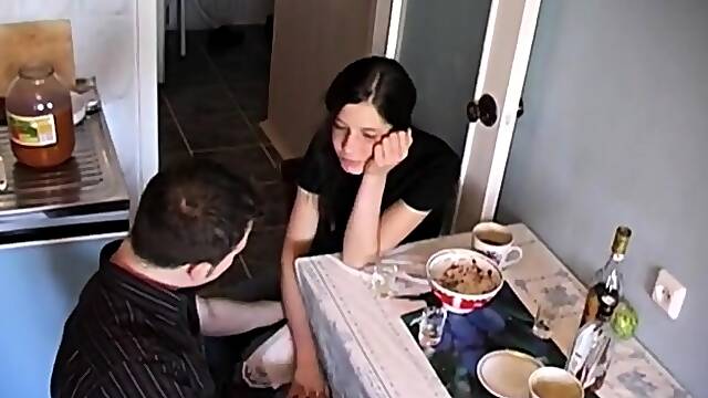 Russian teen with puffy boobs gets drilled in the kitchen