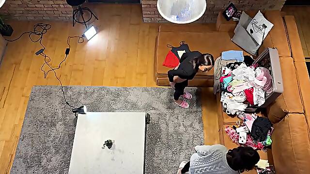 Two Girls Try on Plenty of Clothes with Lingerie and Skirts Also Pantyhose