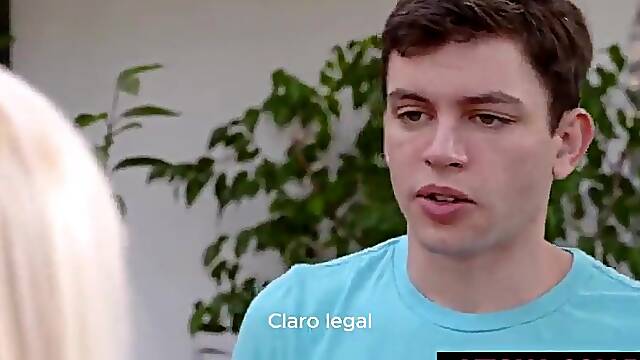 Stepmother and stepson doing yoga jointly.